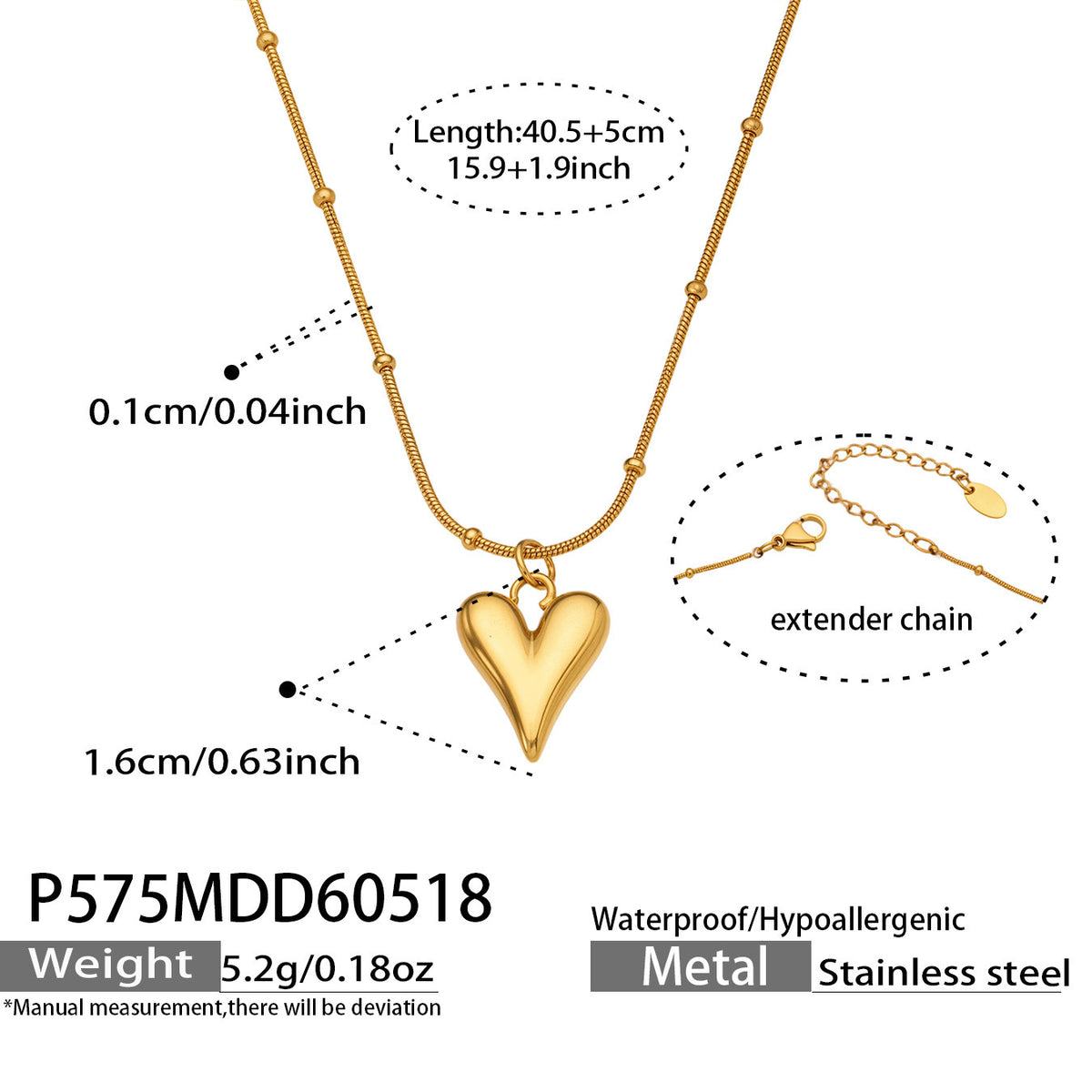 18K Gold-Plated Heart Bead Chain Necklace