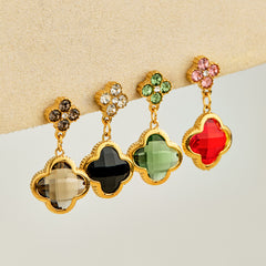 18K Gold-Plated Clover Glass Stone Drop Earrings