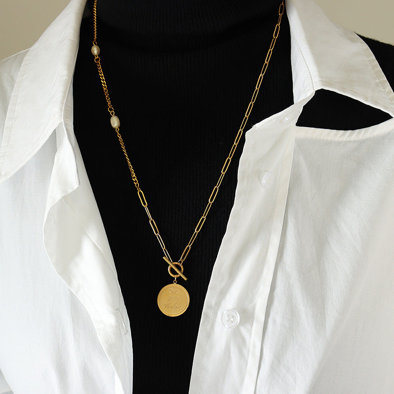 Gold-Tone Pearl-Accent Coin Long Necklace