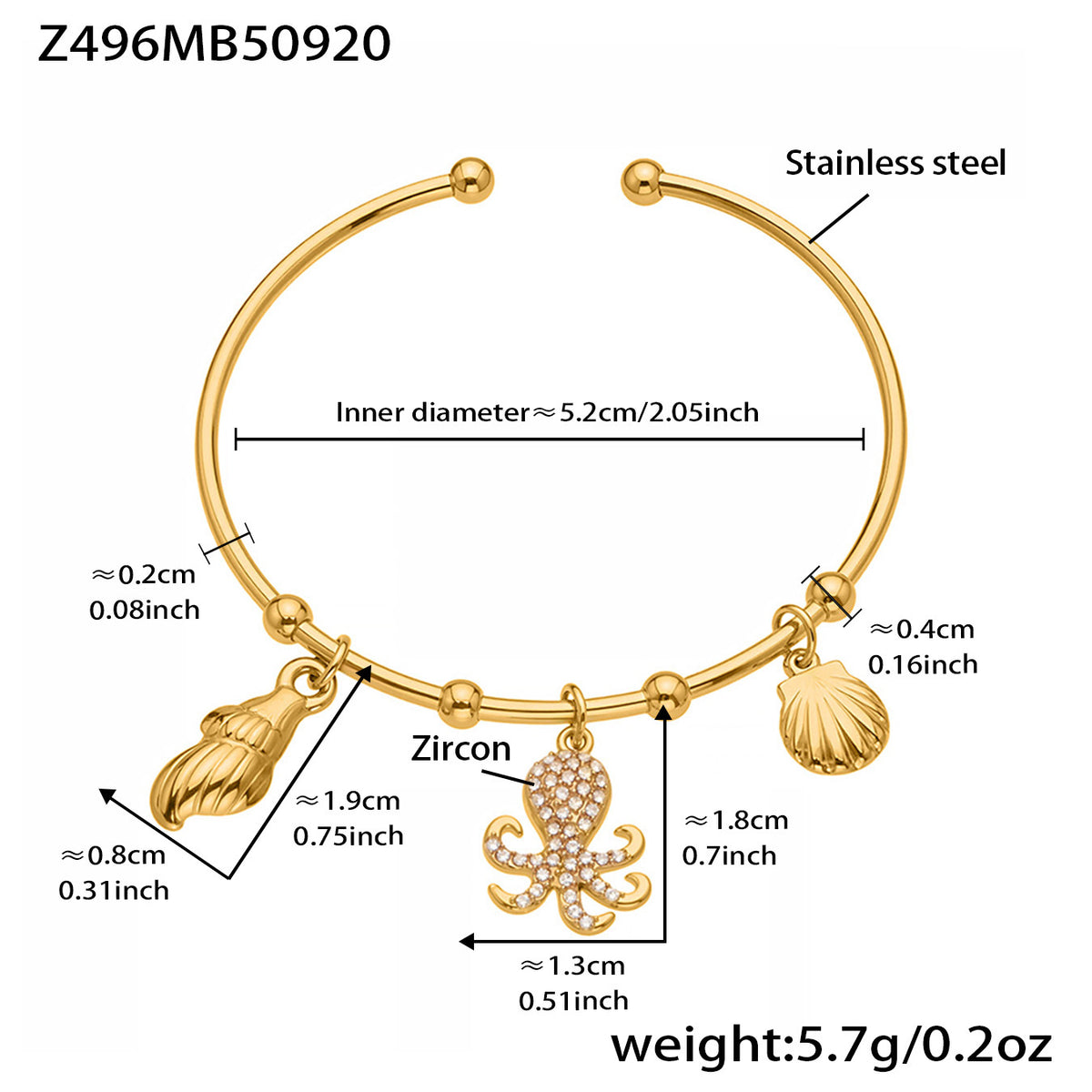 18K Gold-Plated Ocean Charm Open Cuff