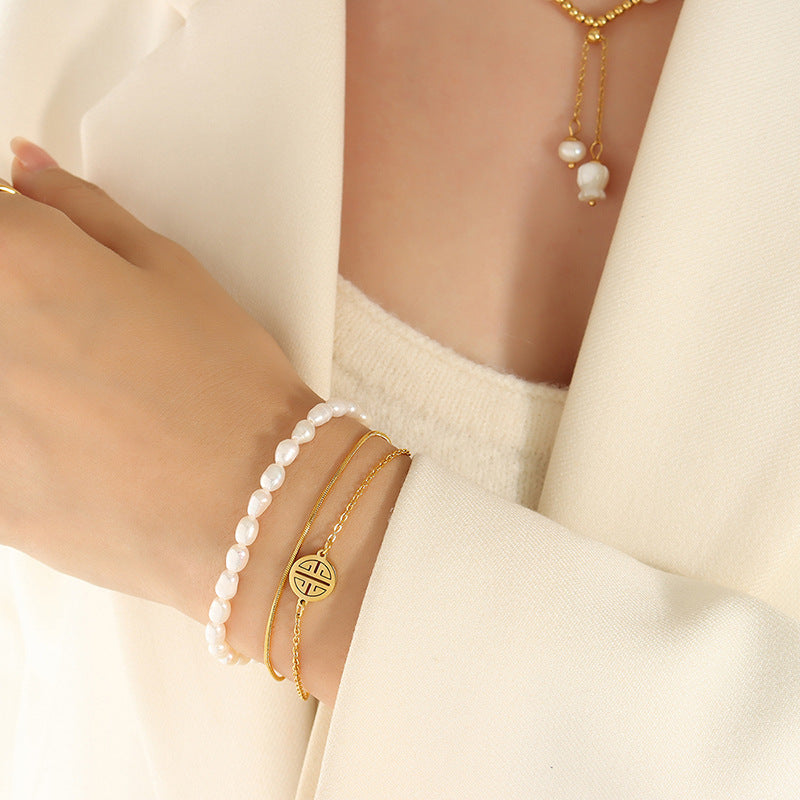 Freshwater Pearl Layered Fu Charm Bracelet