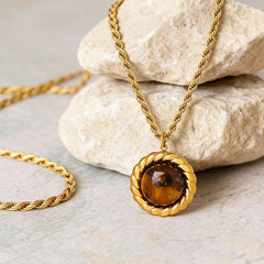 18K Gold-Plated Stone Pendant Rope Chain Necklace