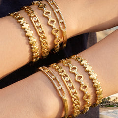 18K Gold-Plated Textured & Cubic Zirconia Bangle Bracelets