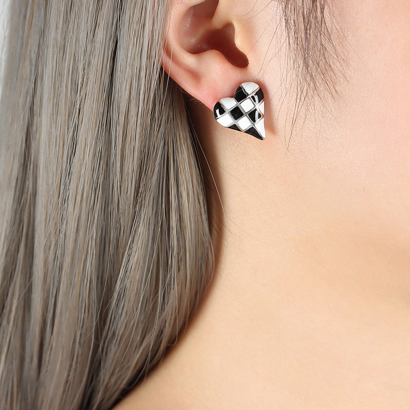 Checkerboard Enamel Heart or Round Stud Earrings