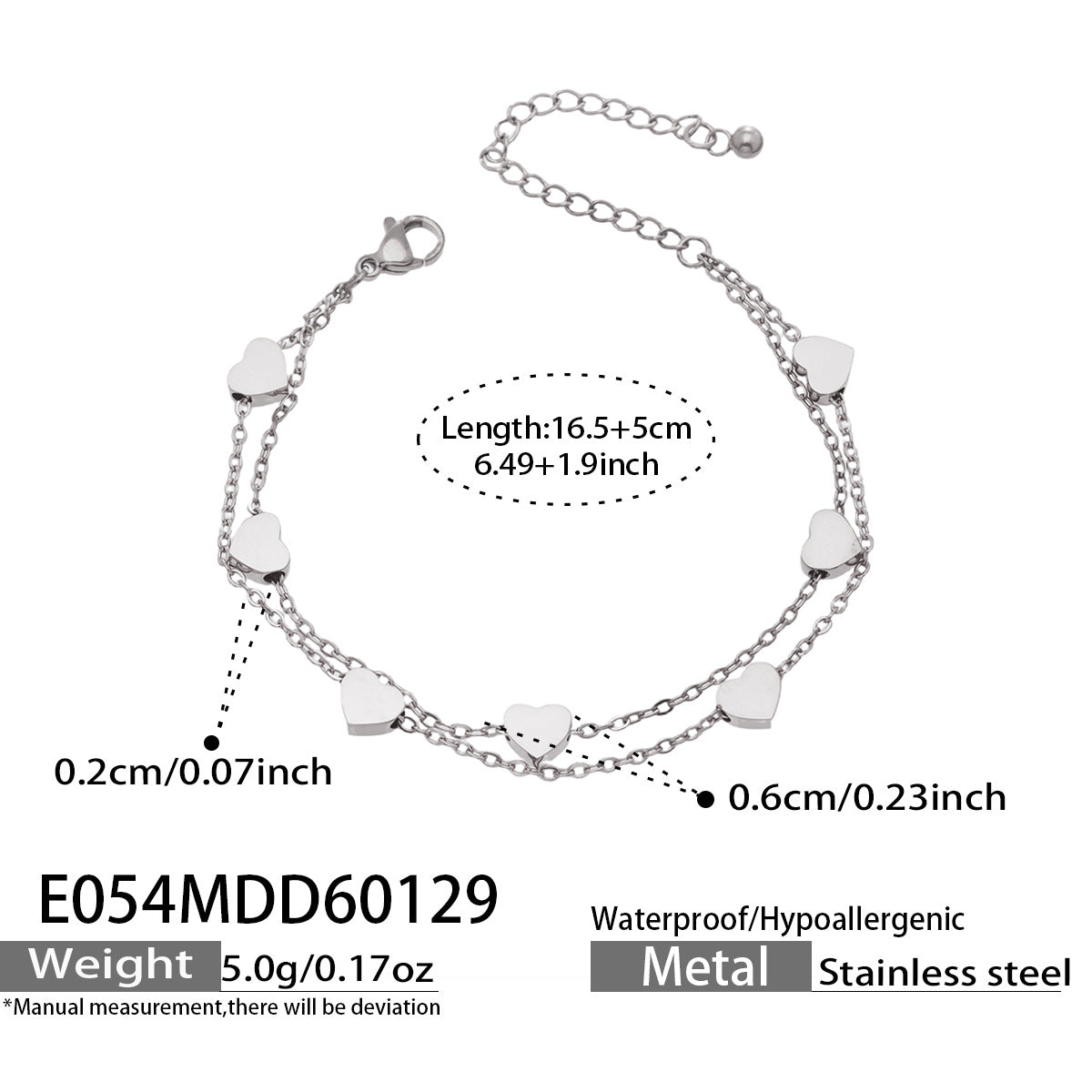 Layered Heart Charm Stainless Steel Bracelet