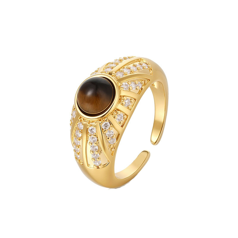 Nicolette Brushed Tiger-Eye Pavé Adjustable Ring