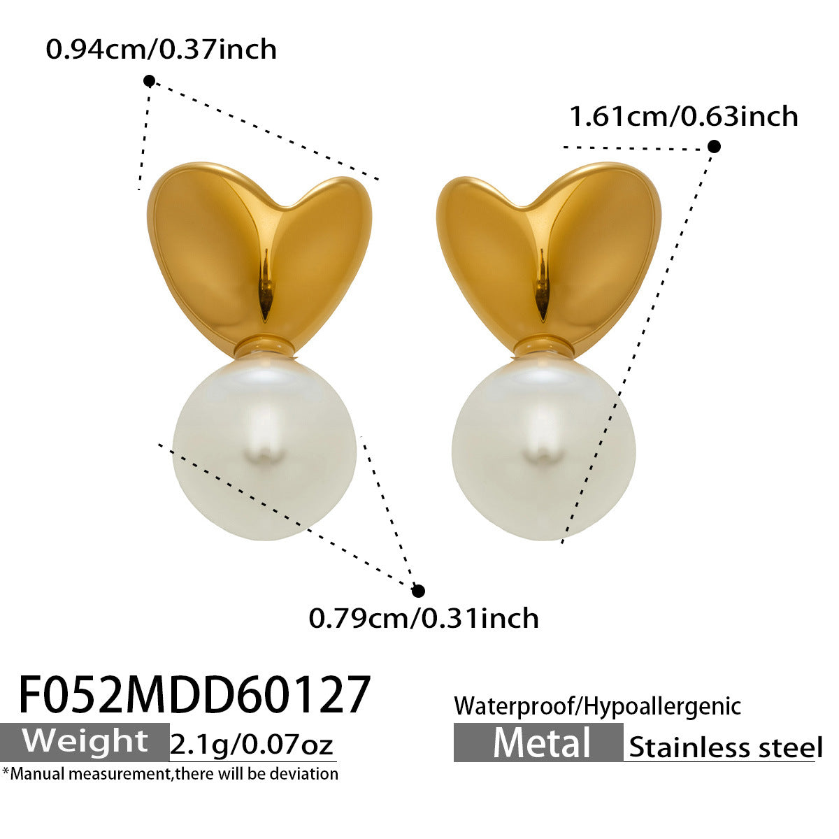 18K Gold-Plated Heart and Faux Pearl Stud Earrings