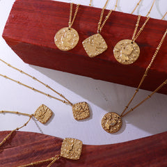 Decorative Coin or Square Relief Pendant Necklace