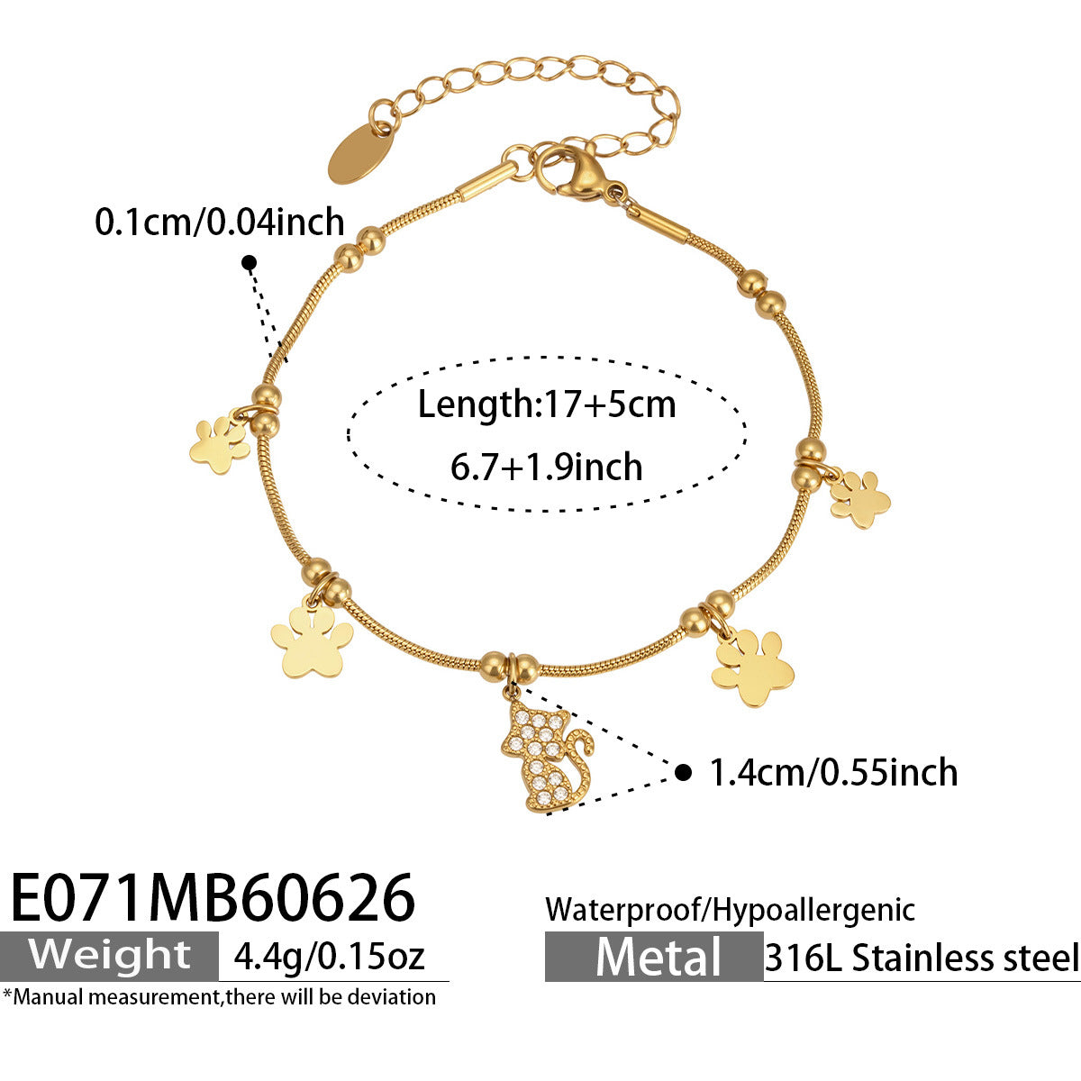 18K Gold-Plated Paw Charm or Cubic Zirconia Bracelet