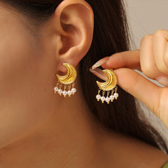 Crescent Pearl-Look Fringe Earrings