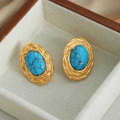 Gold-Tone Blue Stone Oval Stud Earrings