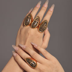18K Gold-Plated Natural Wood-Grain Stone Teardrop Ring