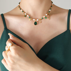 Green Stone & Freshwater Pearl Charm Necklace
