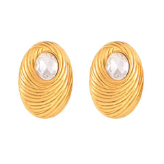18K Gold-Plated Ribbed Oval Glass Stud Earrings
