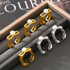 18K Gold-Plated Geometric Pearl-Look Open Ring