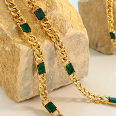 Green Glass Curb Chain Necklace & Bracelet