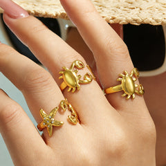 Crab and Starfish Cubic Zirconia Open Ring