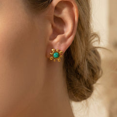 Green Stone Sunburst Stud Earrings