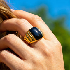 18K Gold-Plated Black Enamel Ribbed Ring