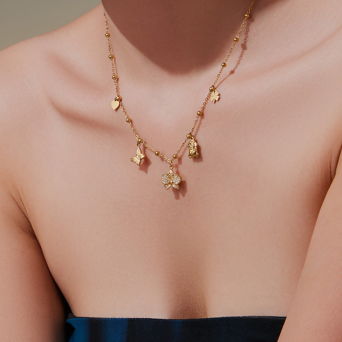 18K Gold-Plated Bow and Clover Charm Necklace