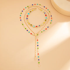 3-Piece Colorful Choker & Cross Lariats Necklace Set