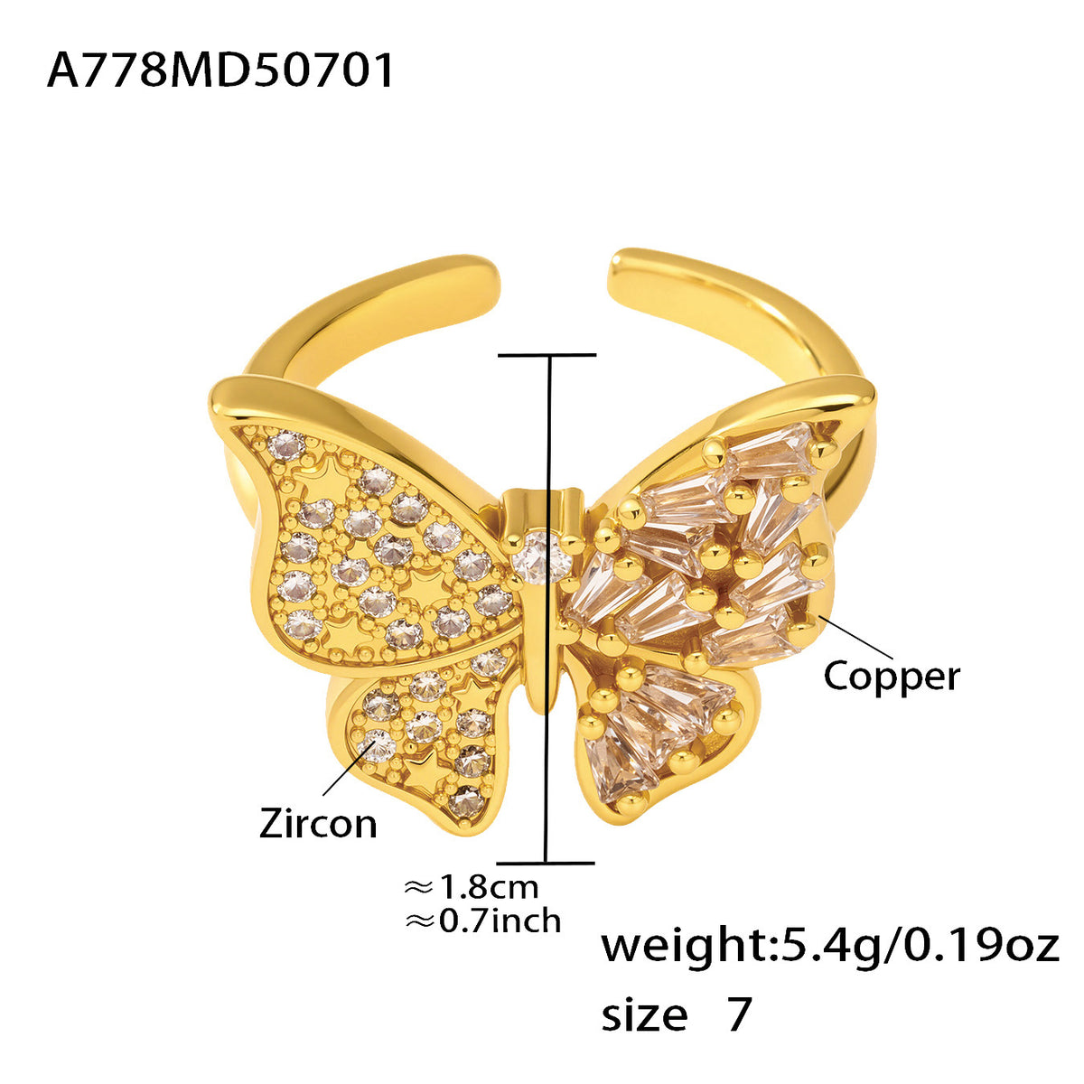 18K Gold-Plated Cubic Zirconia Butterfly Open Ring