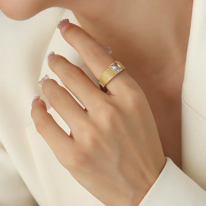 18K Gold-Plated Ribbed Cubic Zirconia Band Ring