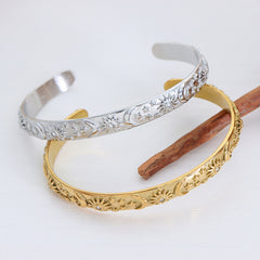 Embossed Floral Hoop Earrings & Open Cuff