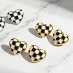 Checkerboard Enamel Heart Stud Earrings