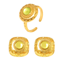 Green Glass Stone Textured Earrings & Open Ring