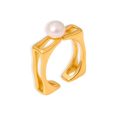 18K Gold-Plated Geometric Pearl-Look Open Ring