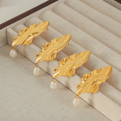 Textured Leaf Freshwater Pearl Drop Earrings