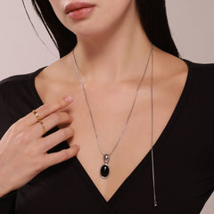 Long Oval Black Agate & Tiger Eye Pendant Necklace