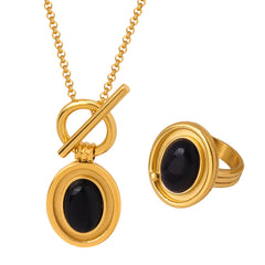 Black Agate Oval Pendant Necklace & Ring