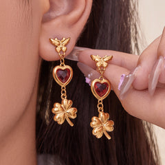 Heart & Flower Glass-Stone Drop Earrings