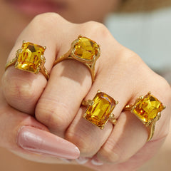 18K Gold-Plated Yellow Glass Statement Ring