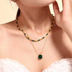 Green Beaded Layered Pendant Necklace