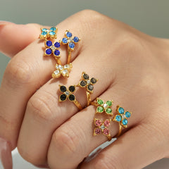 Color Cubic Zirconia Four-Petal Flower Ring