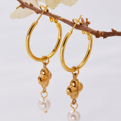 18K Gold-Plated Clover Pearl-Look Drop Hoop Earrings