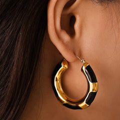Black Enamel Patterned Hollow Hoop Earrings