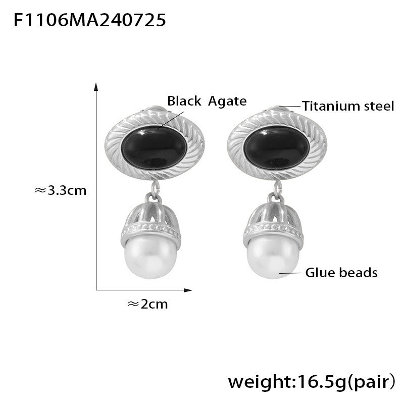 18K Gold-Plated Black Agate Pearl-Look Drop Earrings