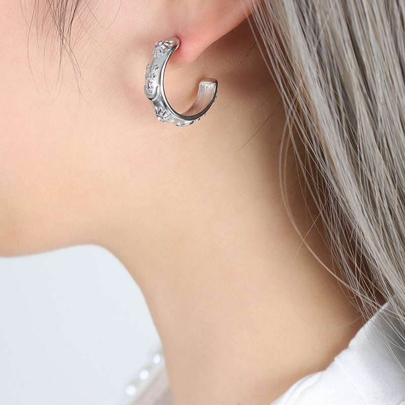 Embossed Floral Hoop Earrings & Open Cuff