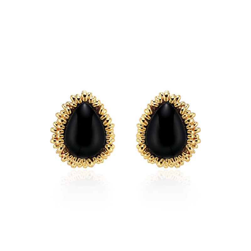 Daphne Vintage-Inspired Black Agate Teardrop Stud Earrings