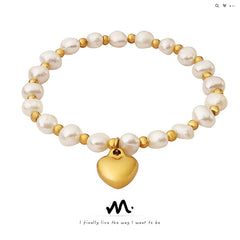 Freshwater Pearl Heart Charm Stretch Bracelet