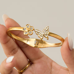 Cubic Zirconia Flower and Butterfly Cuff Bracelet