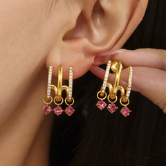 18K Gold-Plated Pink and Clear Cubic Zirconia Drop Earrings