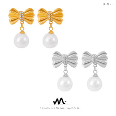 Bow Stud Pearl-Look Drop Earrings