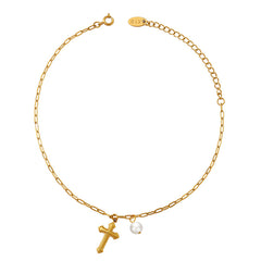 Cross and Pearl-Look Charm Anklet