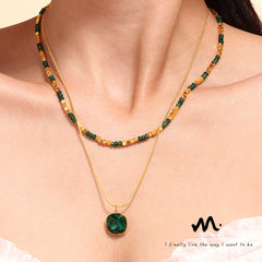 Green Beaded Layered Pendant Necklace