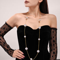 Long Layered Pearl-Look Chain Necklace